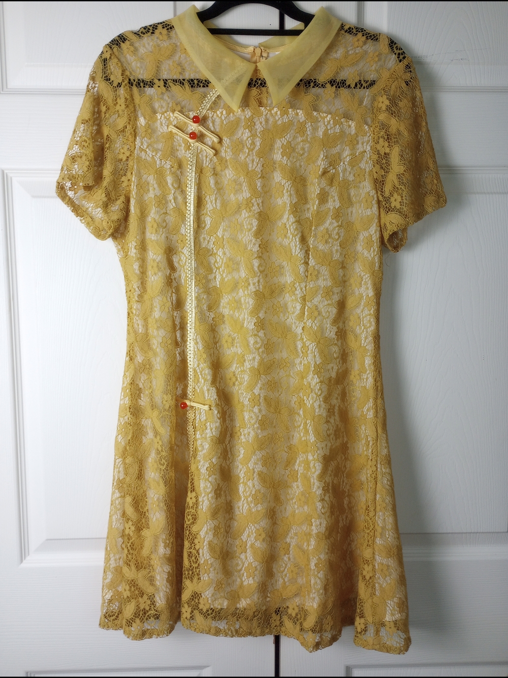 Handmade Yellow Lace Retro Style Mini Dress Pointed Collar S/M
